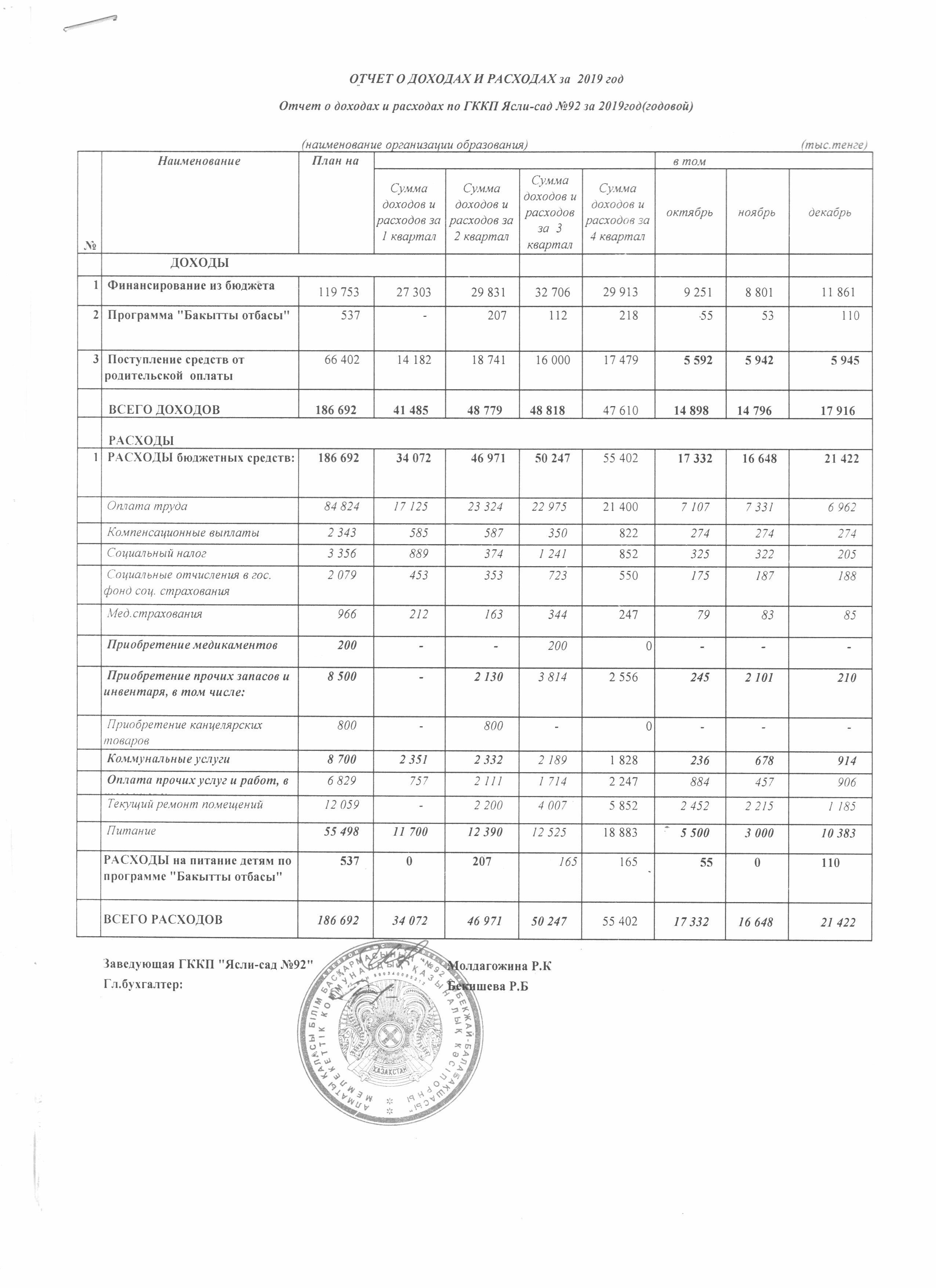 Отчет о доходах и расходах за 2019г