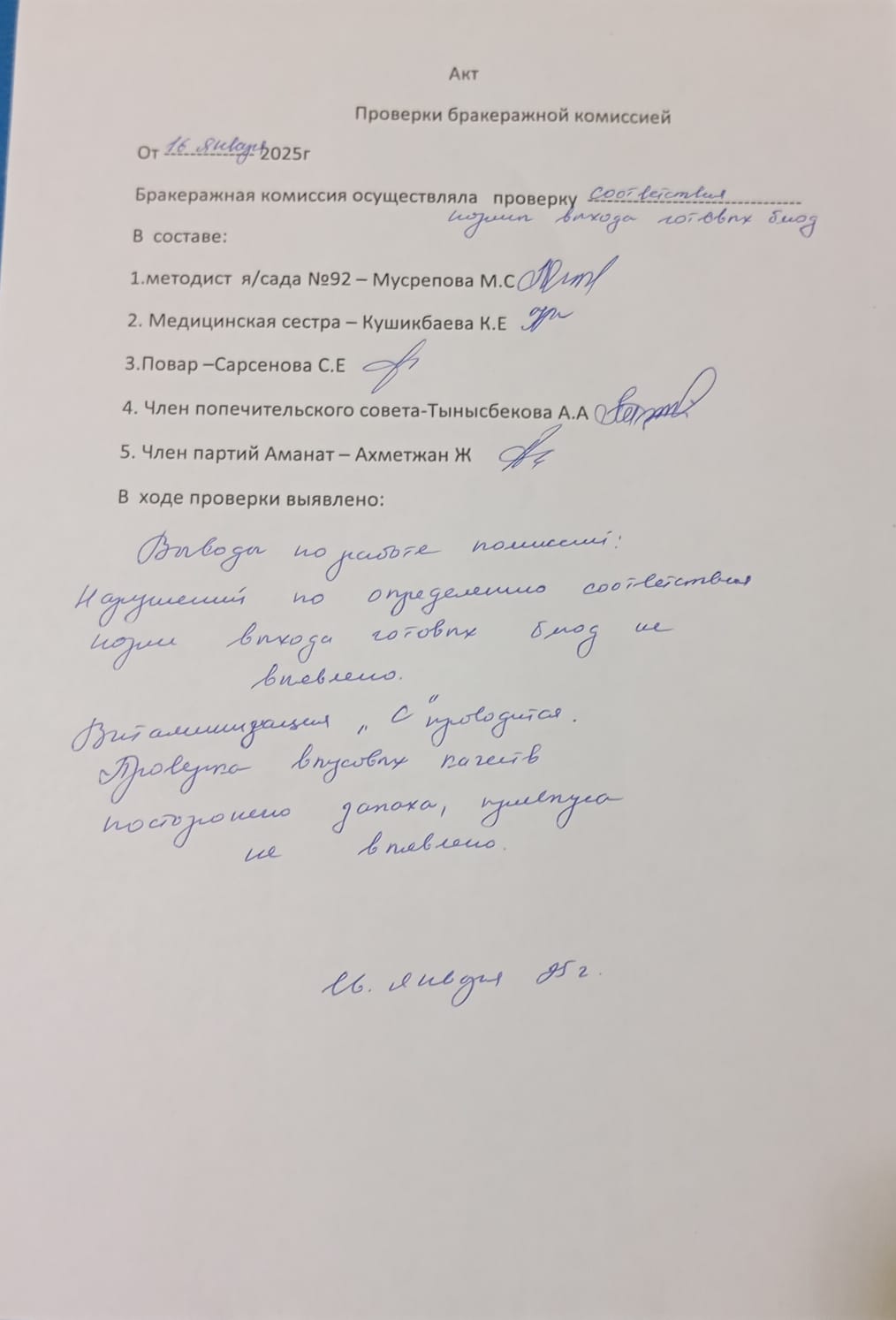 Акт проверки бракеражной комисией